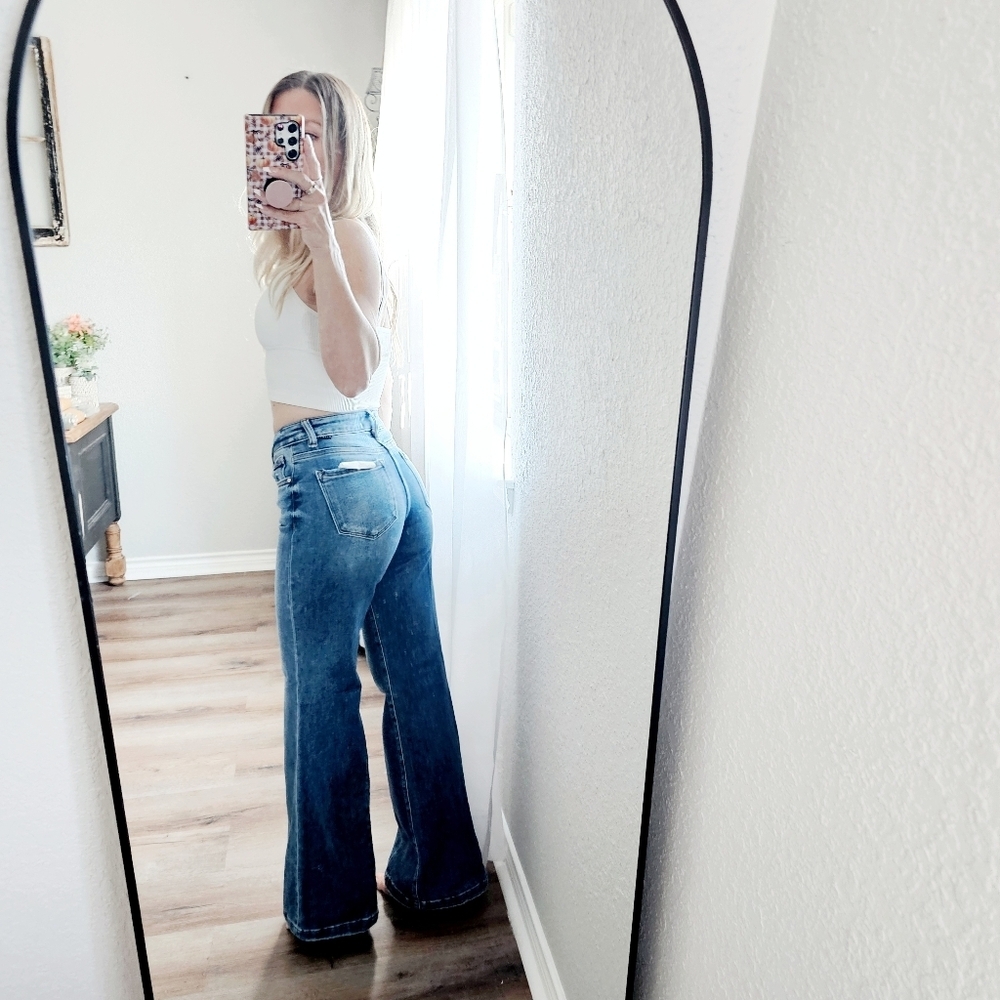 Risen Mid Rise Medium Wash Wide Leg Flared Denim Jeans Hybrid Various NEW - Picture 10 of 14